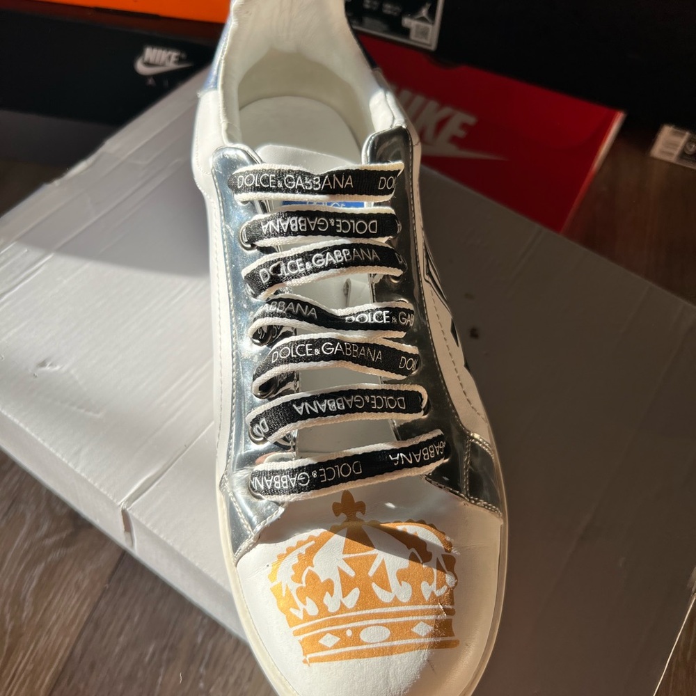 Dolce & Gabbana White Sneakers with Gold Crown and Black Laces